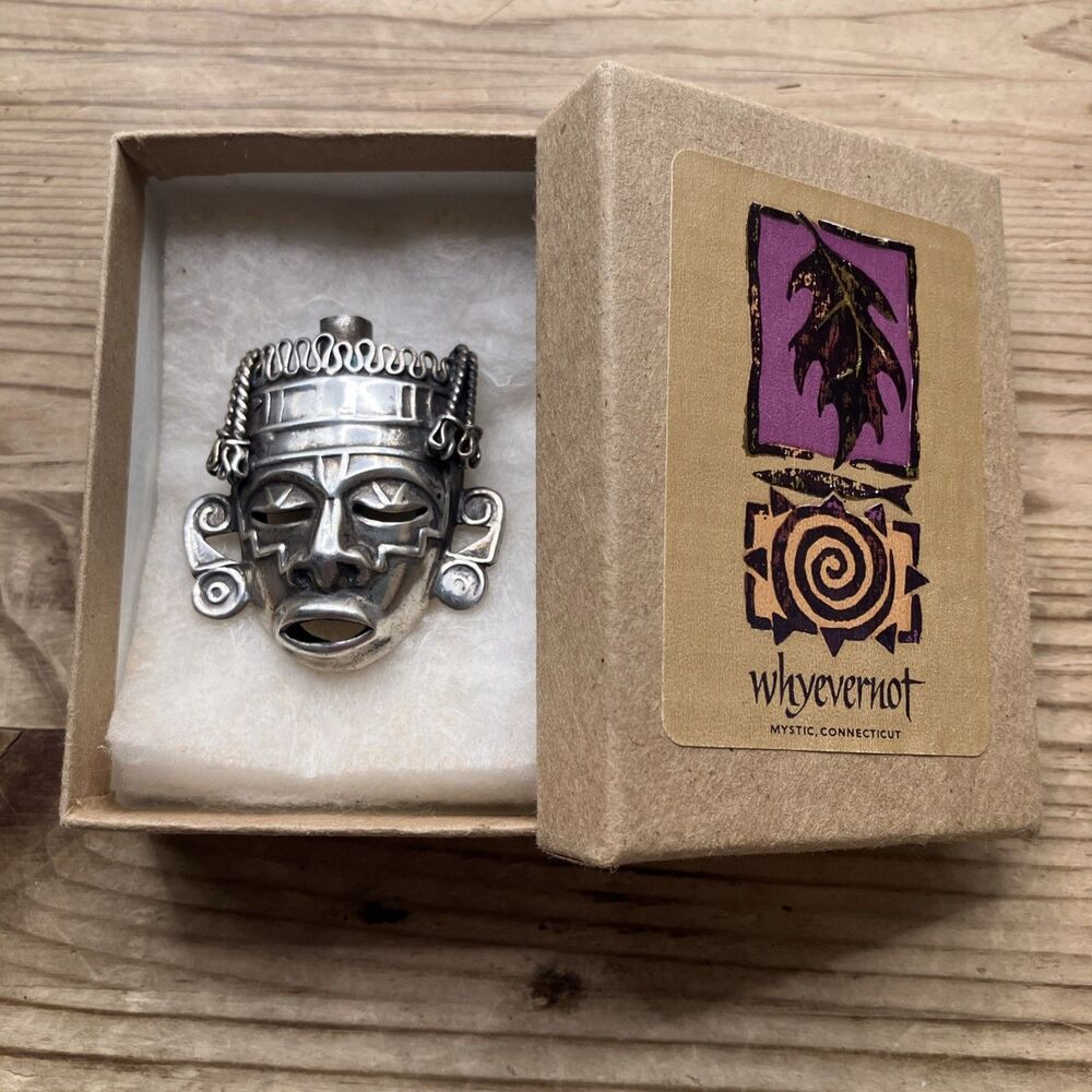 VTG Mexico Made 925 Sterling Silver Face Warrior Aztec Tribal Mask Brooch Pin